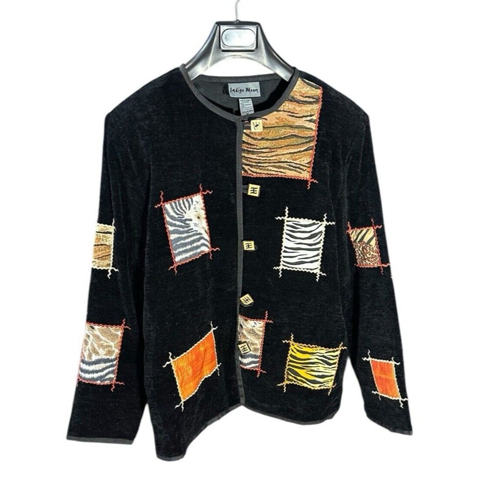 Indigo Moon jacket folk art patch work embroidered animal print boho chic indie